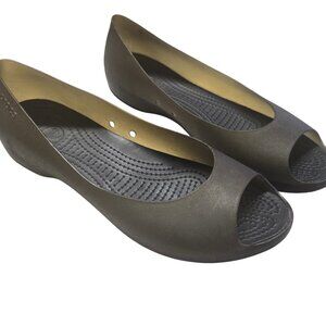 Crocs CARLIE Peep Toe Ballet Flat Khaki/Espresso Brown Womens W9
